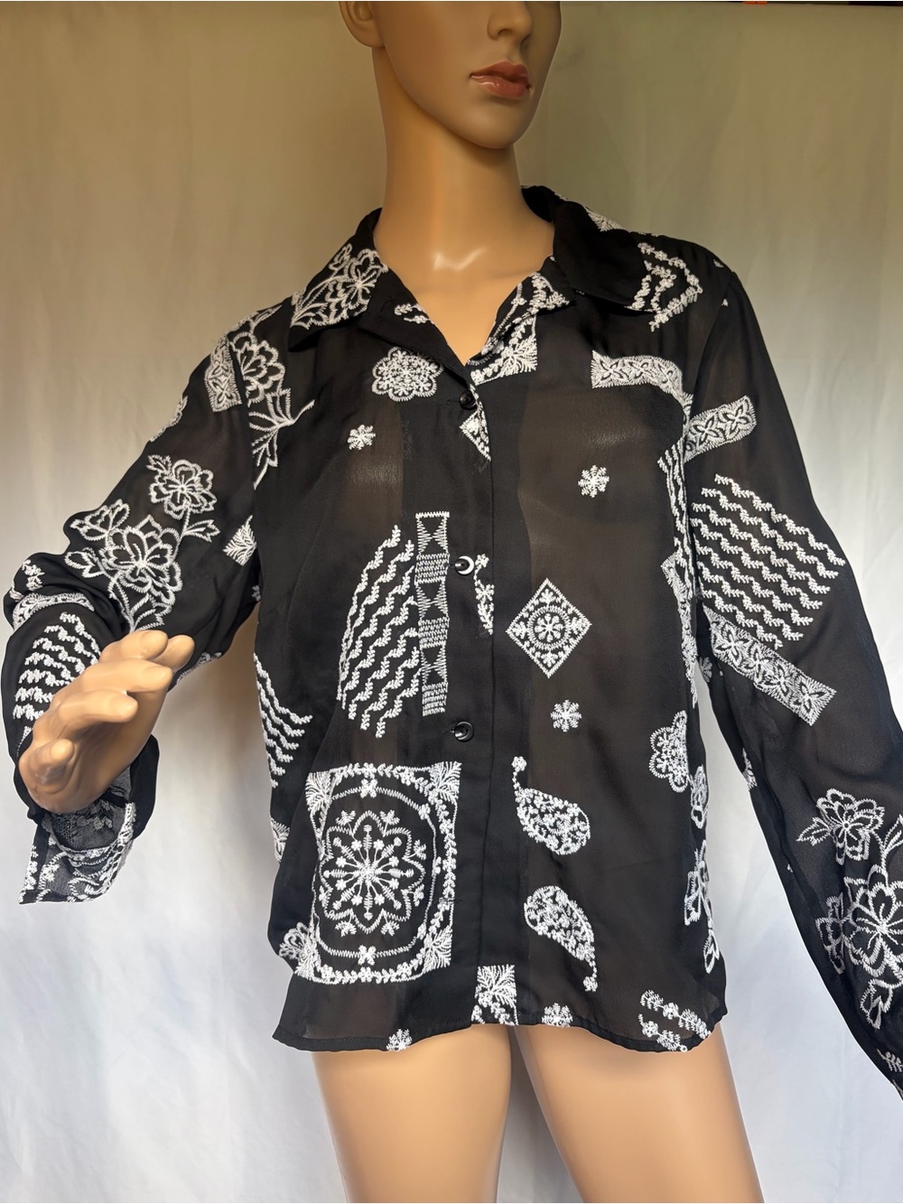 Coldwater Creek Black Button-Front Shirt with White Print